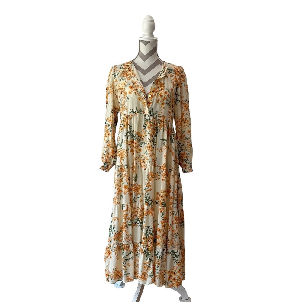Zara Woman Floral Tiered Midi Maxi Dress Long Sleeve Cream‎ Orange, Size Small